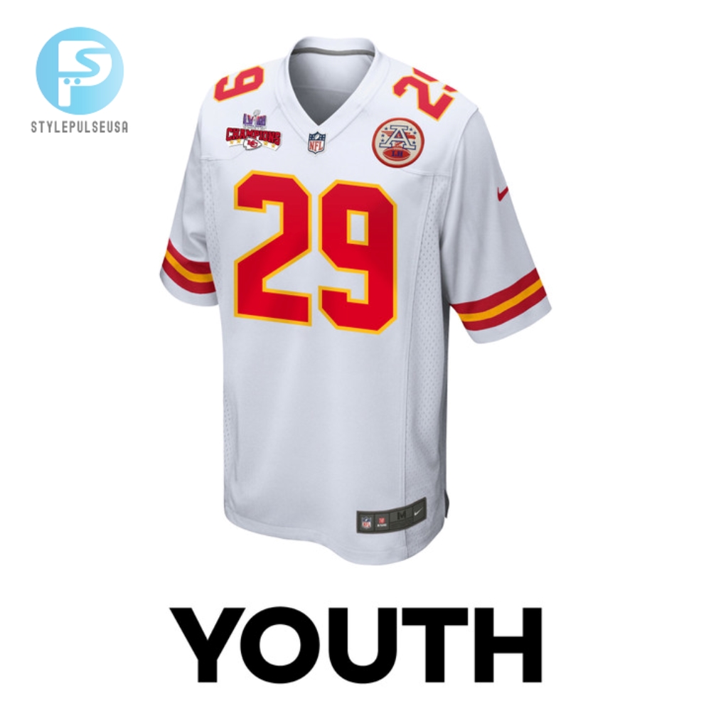 Lamical Perine 29 Kansas City Chiefs Super Bowl Lviii Champions 4 Stars Patch Game Youth Jersey  White 