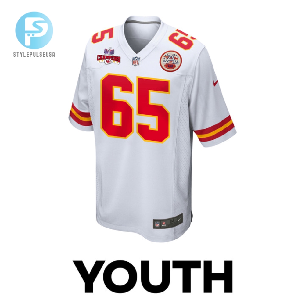 Trey Smith 65 Kansas City Chiefs Super Bowl Lviii Champions 4 Stars Patch Game Youth Jersey  White 