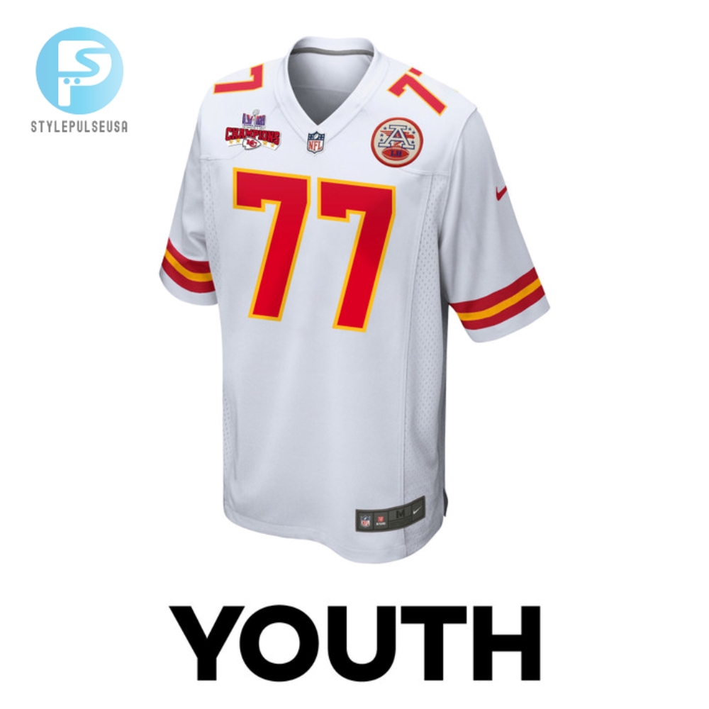 Lucas Niang 77 Kansas City Chiefs Super Bowl Lviii Champions 4 Stars Patch Game Youth Jersey  White 