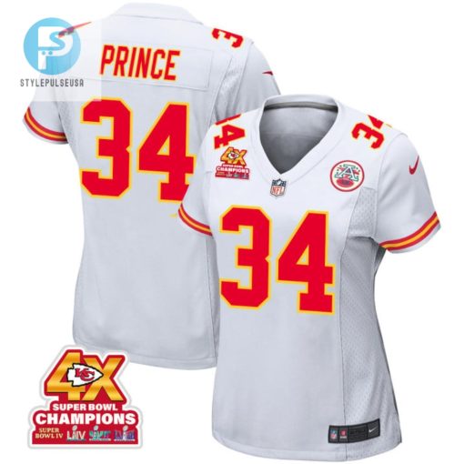 Deneric Prince 34 Kansas City Chiefs Super Bowl Lviii Champions 4X Game Women Jersey White stylepulseusa 1