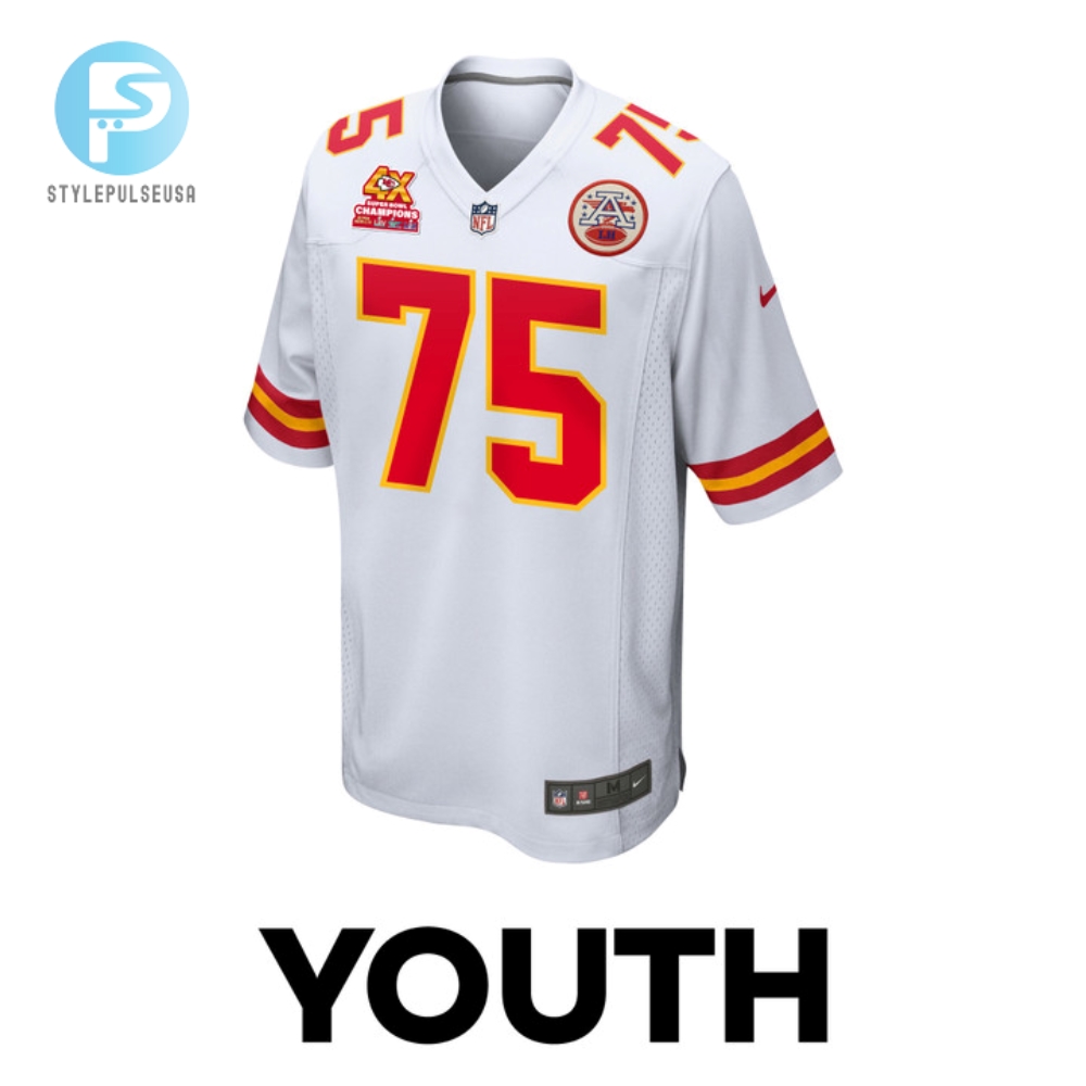 Darian Kinnard 75 Kansas City Chiefs Super Bowl Lviii Champions 4X Game Youth Jersey  White 