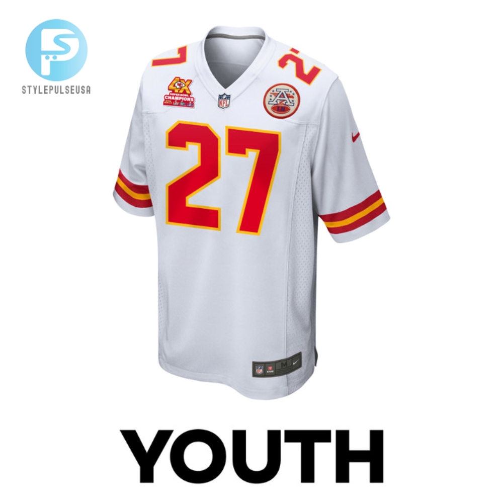Chamarri Conner 27 Kansas City Chiefs Super Bowl Lviii Champions 4X Game Youth Jersey  White 