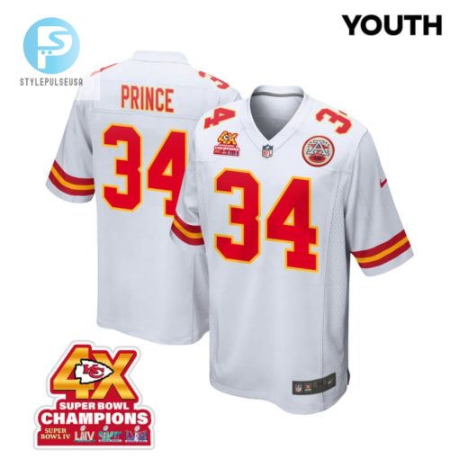 Deneric Prince 34 Kansas City Chiefs Super Bowl Lviii Champions 4X Game Youth Jersey White stylepulseusa 1