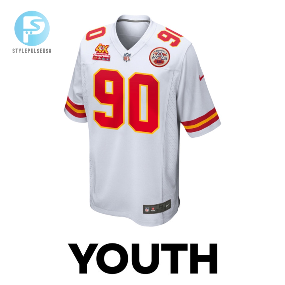 Charles Omenihu 90 Kansas City Chiefs Super Bowl Lviii Champions 4X Game Youth Jersey  White 