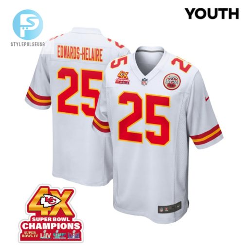Clyde Edwardshelaire 25 Kansas City Chiefs Super Bowl Lviii Champions 4X Game Youth Jersey White stylepulseusa 1