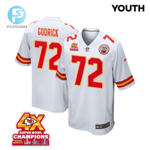 Chukwuebuka Godrick 72 Kansas City Chiefs Super Bowl Lviii Champions 4X Game Youth Jersey White stylepulseusa 1