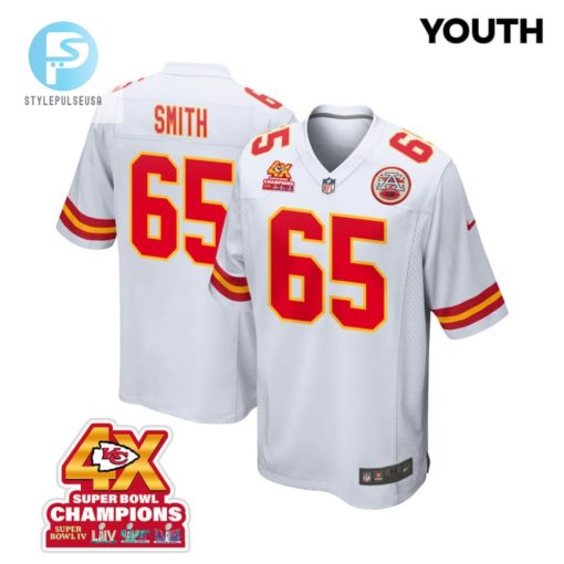 Trey Smith 65 Kansas City Chiefs Super Bowl Lviii Champions 4X Game Youth Jersey White stylepulseusa 1