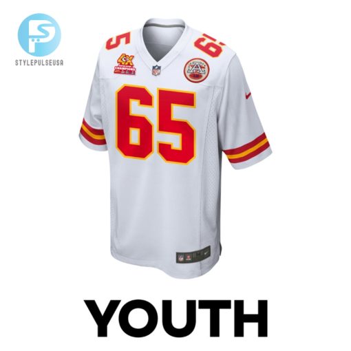 Trey Smith 65 Kansas City Chiefs Super Bowl Lviii Champions 4X Game Youth Jersey White stylepulseusa 1 1