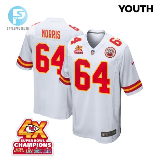 Wanya Morris 64 Kansas City Chiefs Super Bowl Lviii Champions 4X Game Youth Jersey White stylepulseusa 1