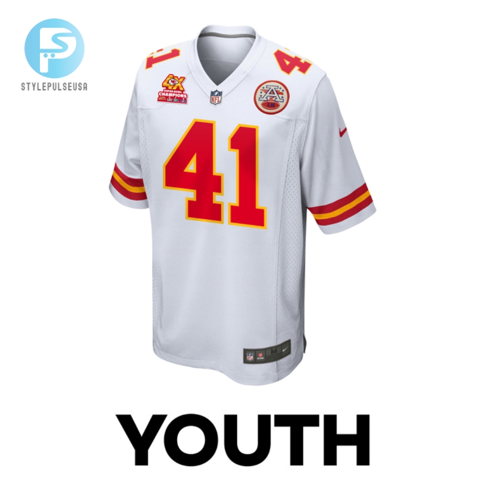 James Winchester 41 Kansas City Chiefs Super Bowl Lviii Champions 4X Game Youth Jersey  White 