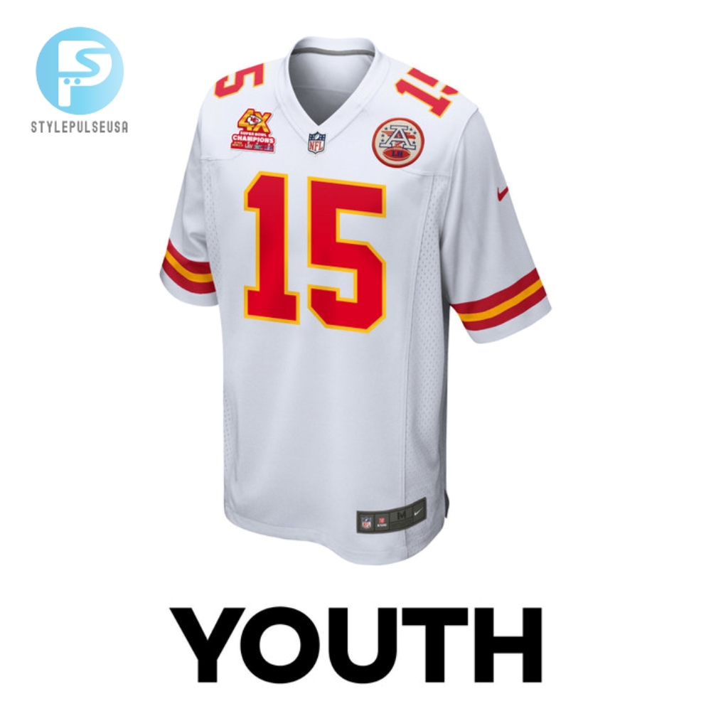 Patrick Mahomes 15 Kansas City Chiefs Super Bowl Lviii Champions 4X Game Youth Jersey  White 