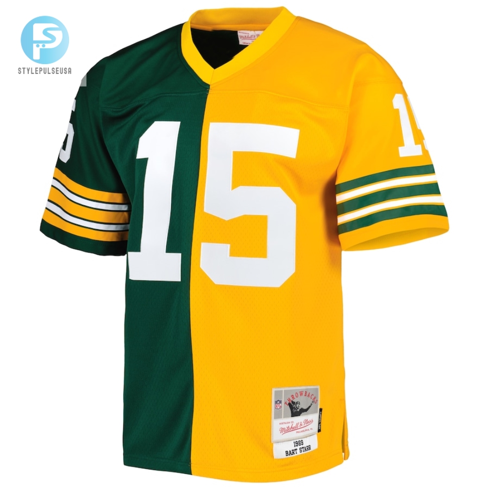 Mens Green Bay Packers Bart Starr Mitchell  Ness Greengold 1969 Split Legacy Replica Jersey 