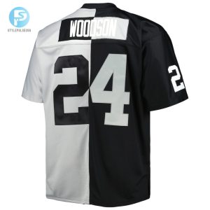 Mens Las Vegas Raiders Charles Woodson Mitchell Ness Blacksilver Big Tall Split Legacy Retired Player Replica Jersey stylepulseusa 1 2