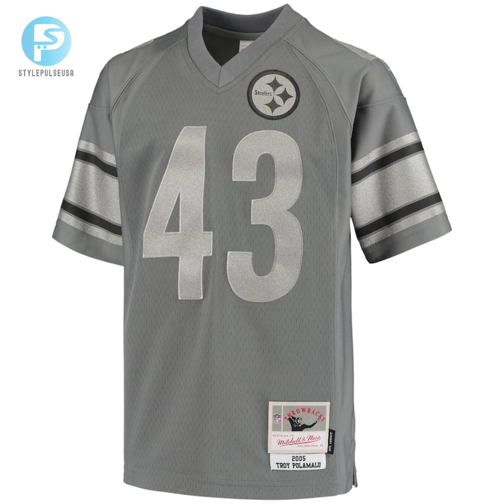 Youth Pittsburgh Steelers Troy Polamalu Mitchell  Ness Charcoal 2005 Retired Player Metal Replica Jersey 