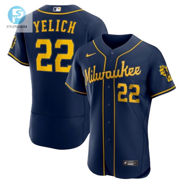 Hit A Homer In Style Yelich Brewers Jersey Navy Laughs stylepulseusa 1