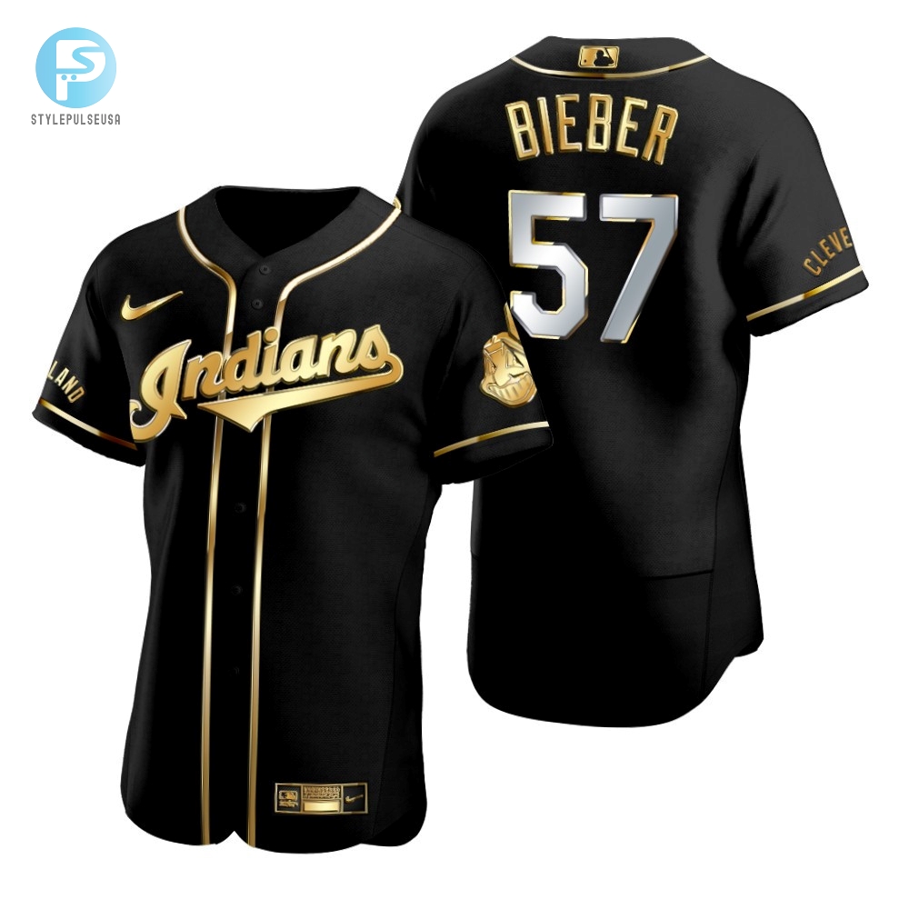 Cleveland Baseball 57 Shane Bieber Mlb Golden Brandedition Black Jersey Gift For Cleveland Baseball Fans 