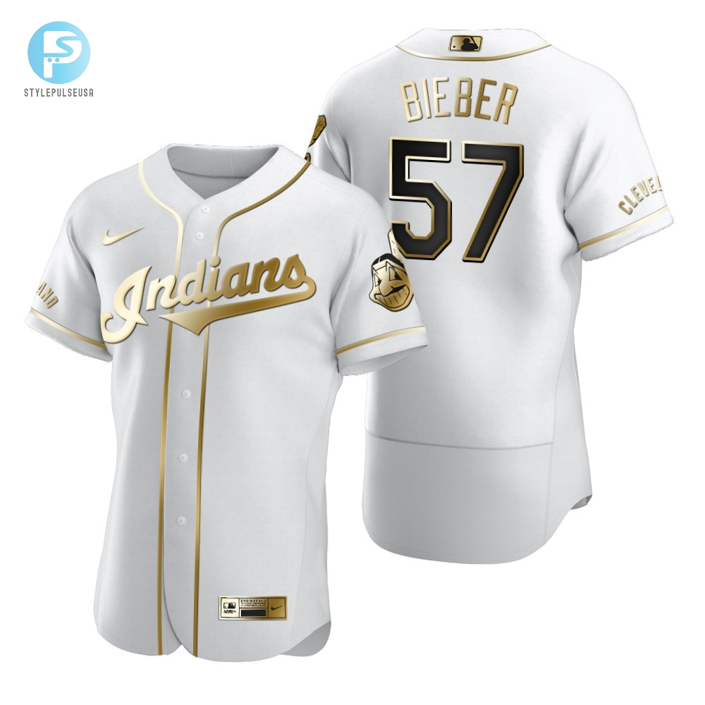 Cleveland Baseball 57 Shane Bieber Mlb Golden Brandedition White Jersey Gift For Cleveland Baseball Fans 