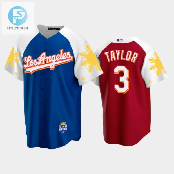 Los Angeles Dodgers Chris Taylor 3 202223 Royal Red Filipino Heritage Night Jersey stylepulseusa 1