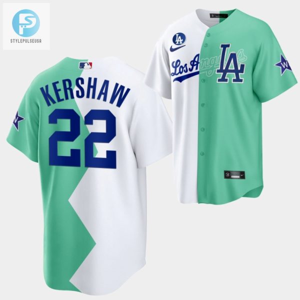 Los Angeles Dodgers Clayton Kershaw 202223 Allstar Celebrity Softball Game 22 White Green Jersey stylepulseusa 1