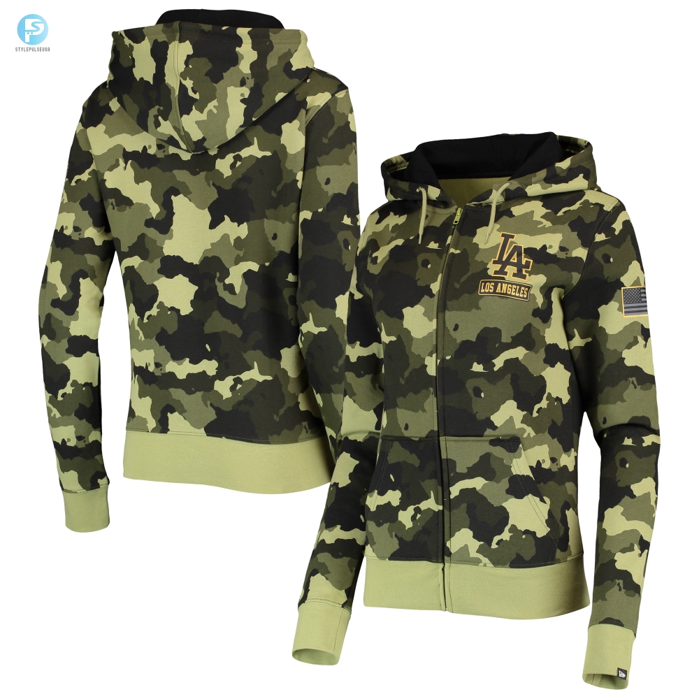 Los Angeles Dodgers New Era Womens 2022 Mlb Armed Forces Day Camo Fullzip Hoodie  Green 