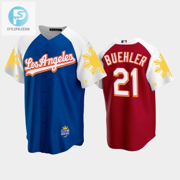 Los Angeles Dodgers Walker Buehler 21 202223 Royal Red Filipino Heritage Night Jersey stylepulseusa 1 1