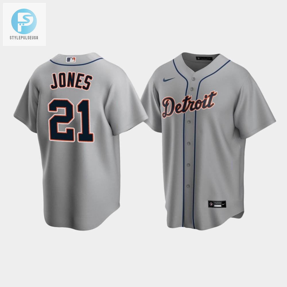 Mens Detroit Tigers 21 Jacoby Jones Gray Road Jersey 