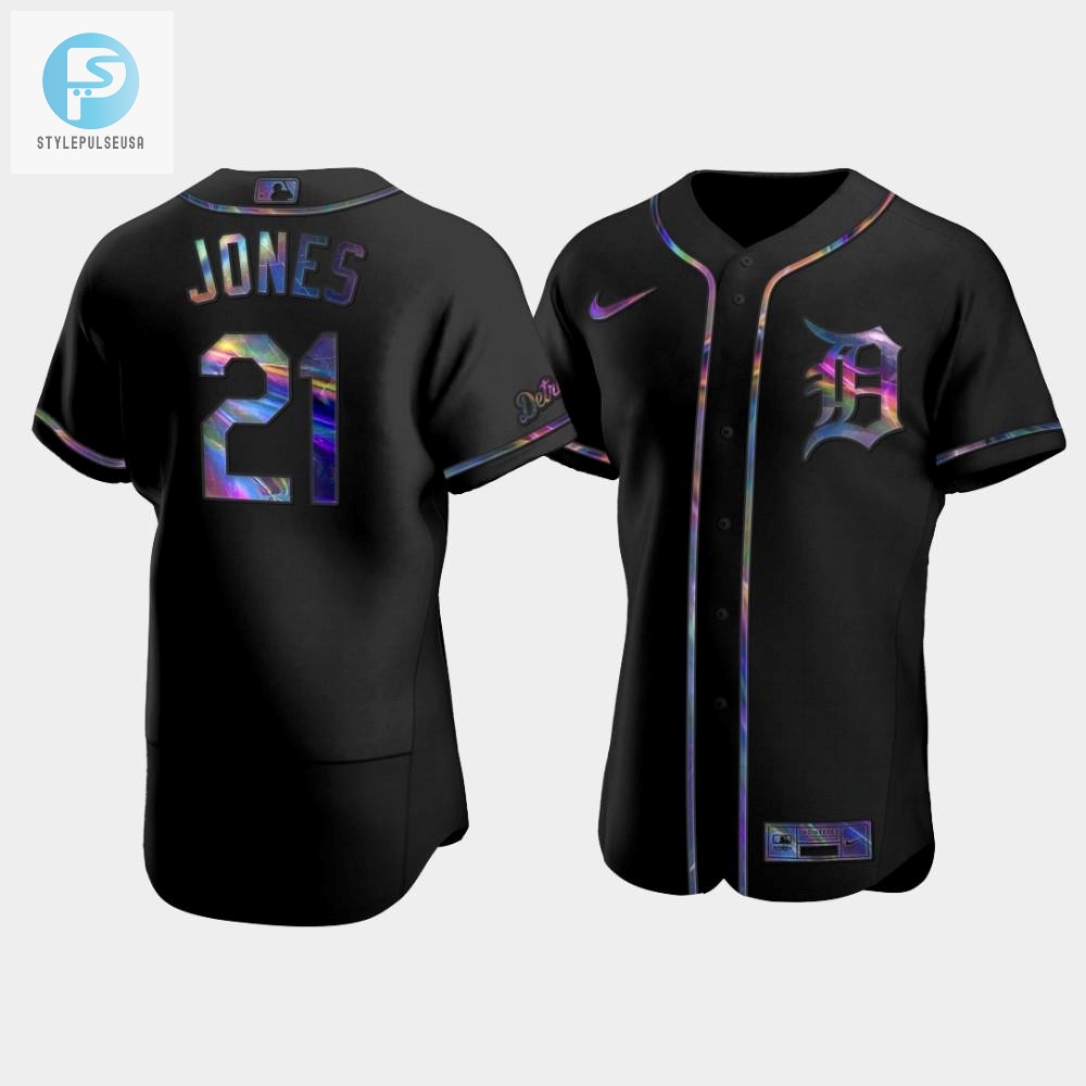 Mens Detroit Tigers Jacoby Jones 21 Black Golden Edition Holographic Jersey 