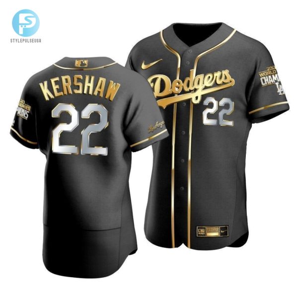 Mens Los Angeles Dodgers Clayton Kershaw 22 2020 World Series Champions Golden Jersey Black stylepulseusa 1