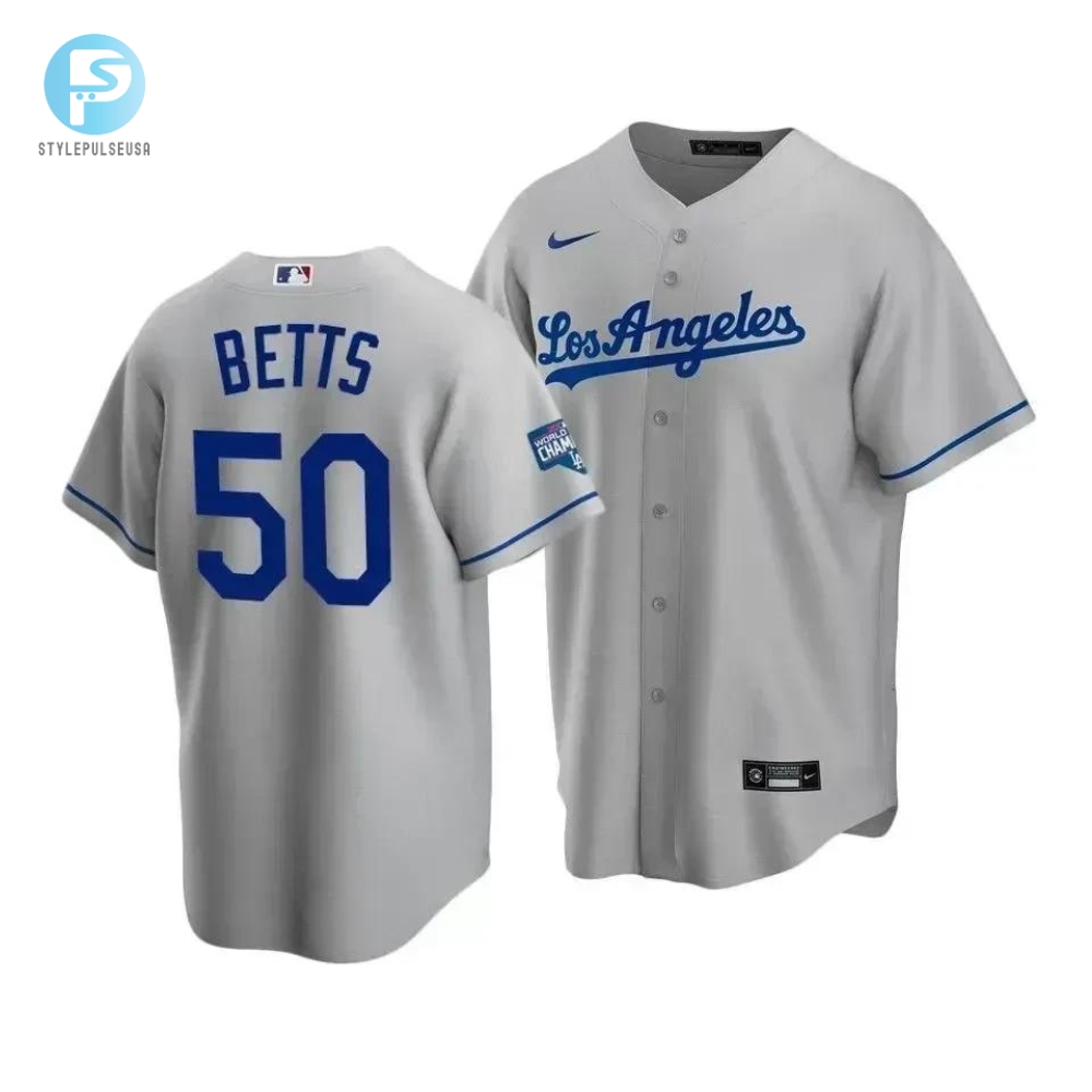 Mens Los Angeles Dodgers Mookie Betts 50 2020 World Series Champions Gray Road Jersey 