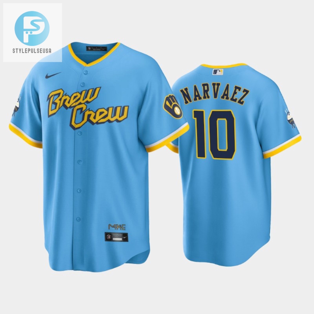 Mens Milwaukee Brewers 10 Omar Narvaez 202223 City Connect Powder Blue Jersey 