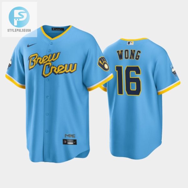 Mens Milwaukee Brewers 16 Kolten Wong 202223 City Connect Powder Blue Jersey stylepulseusa 1 1