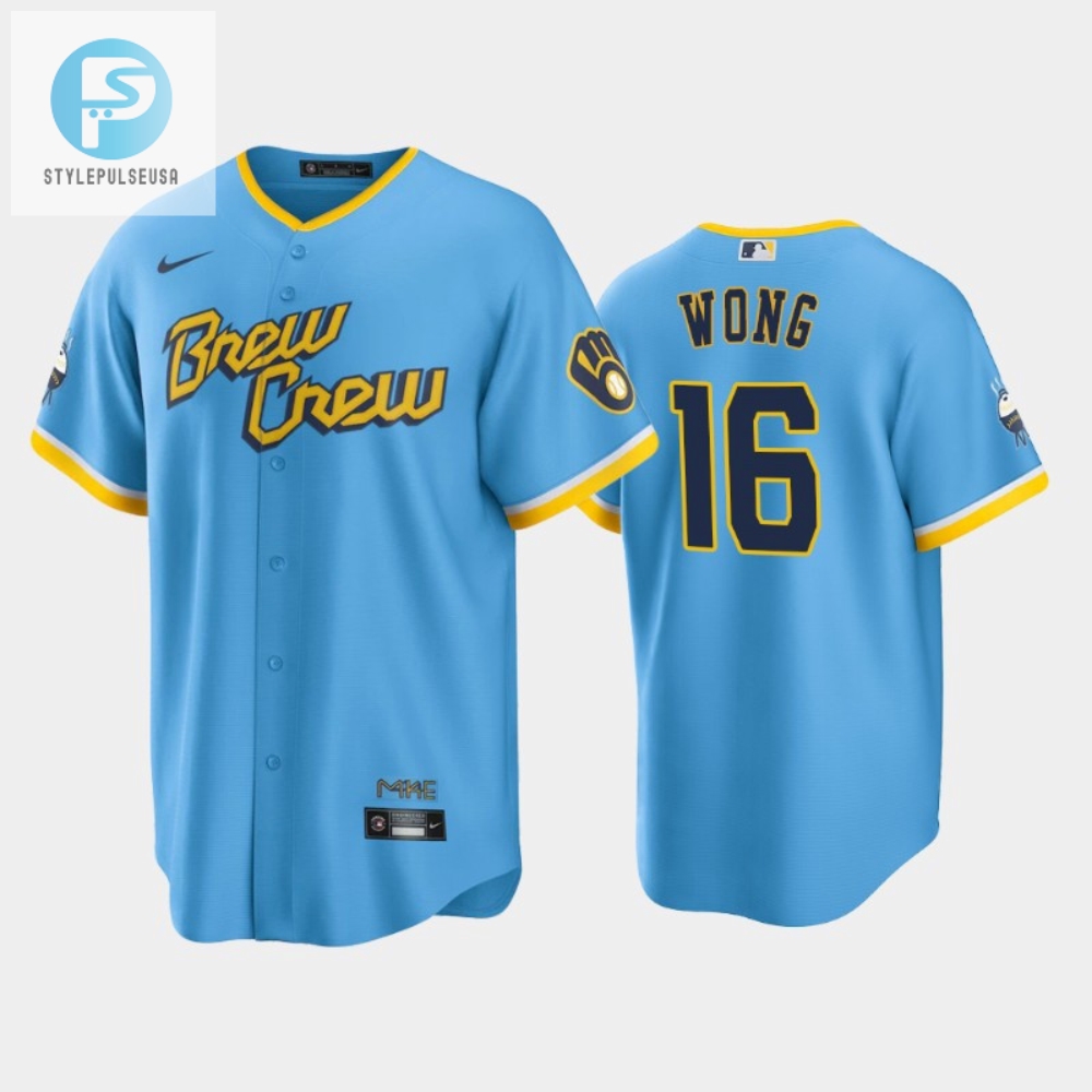 Mens Milwaukee Brewers 16 Kolten Wong 202223 City Connect Powder Blue Jersey 