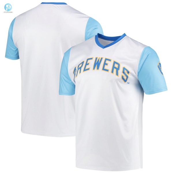 Mens Stitches White Milwaukee Brewers Cooperstown Collection Wordmark Vneck Jersey stylepulseusa 1