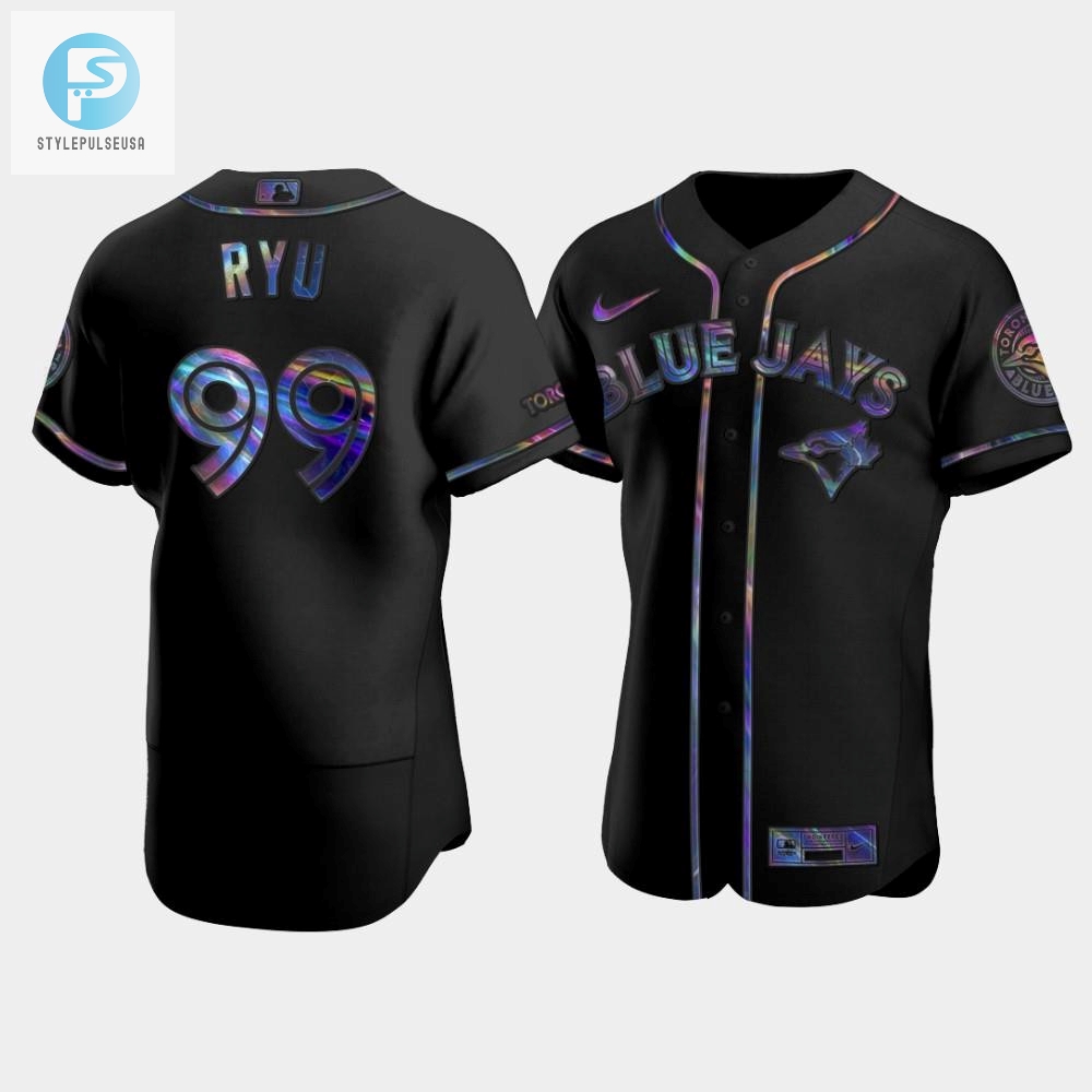 Mens Toronto Blue Jays Hyunjin Ryu 99 Black Golden Edition Holographic Jersey 