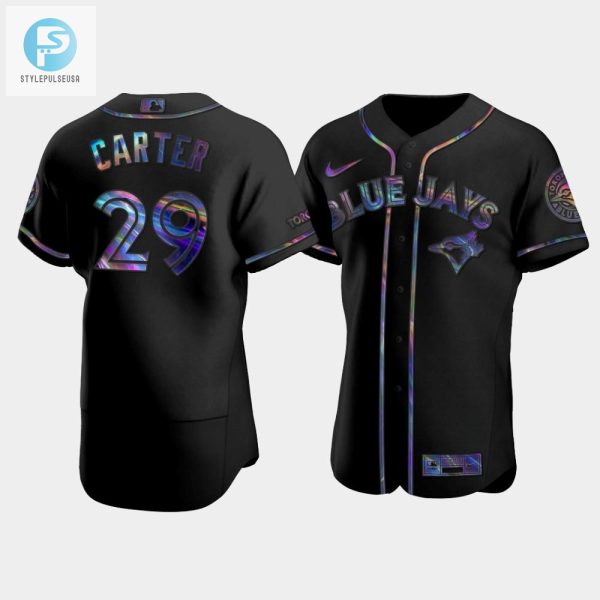 Mens Toronto Blue Jays Joe Carter 29 Black Golden Edition Holographic Jersey stylepulseusa 1