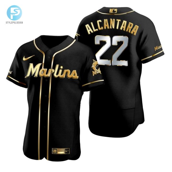 Miami Marlins 22 Sandy Alcantara Mlb Golden Brandedition Black Jersey Gift For Marlins Fans stylepulseusa 1 1