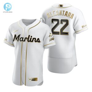 Miami Marlins 22 Sandy Alcantara Mlb Golden Brandedition White Jersey Gift For Marlins Fans stylepulseusa 1 1