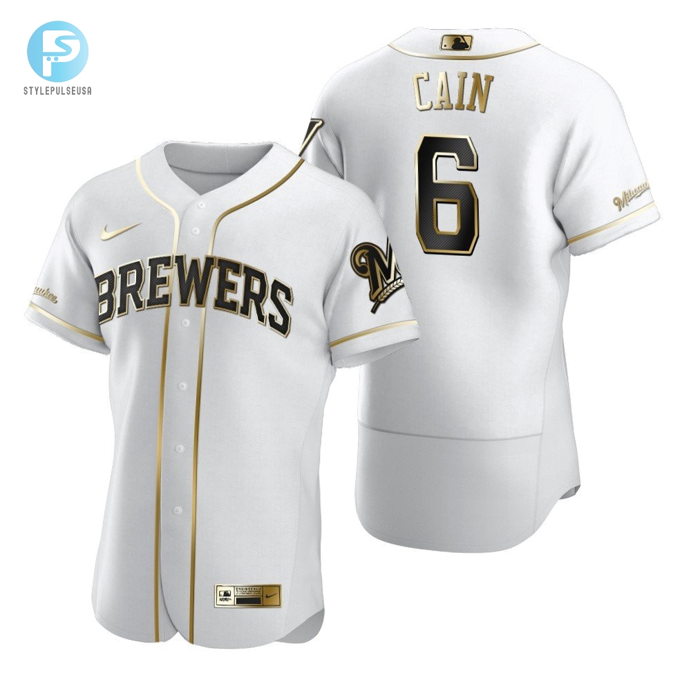 Milwaukee Brewers 6 Lorenzo Cain Mlb Golden Brandedition White Jersey Gift For Brewers Fans 