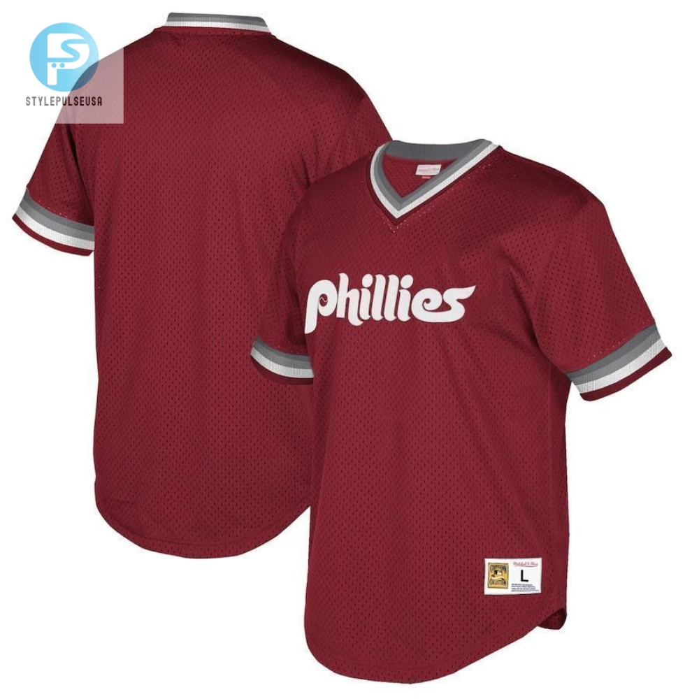 Philadelphia Phillies Mitchell And Ness Big And Tall Cooperstown Collection Mesh Wordmark Vneck Jersey  Maroon 