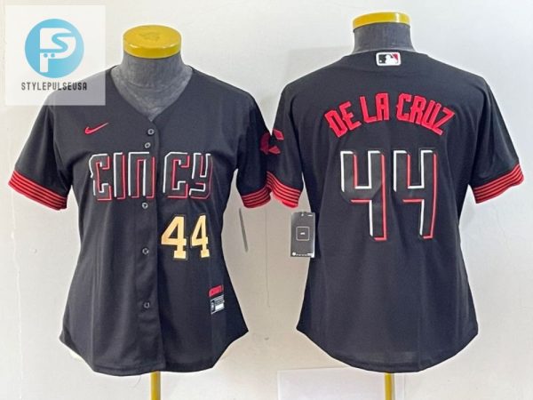 Women Cincinnati Reds 44 Gold Elly De La Cruz Jersey Black Red stylepulseusa 1