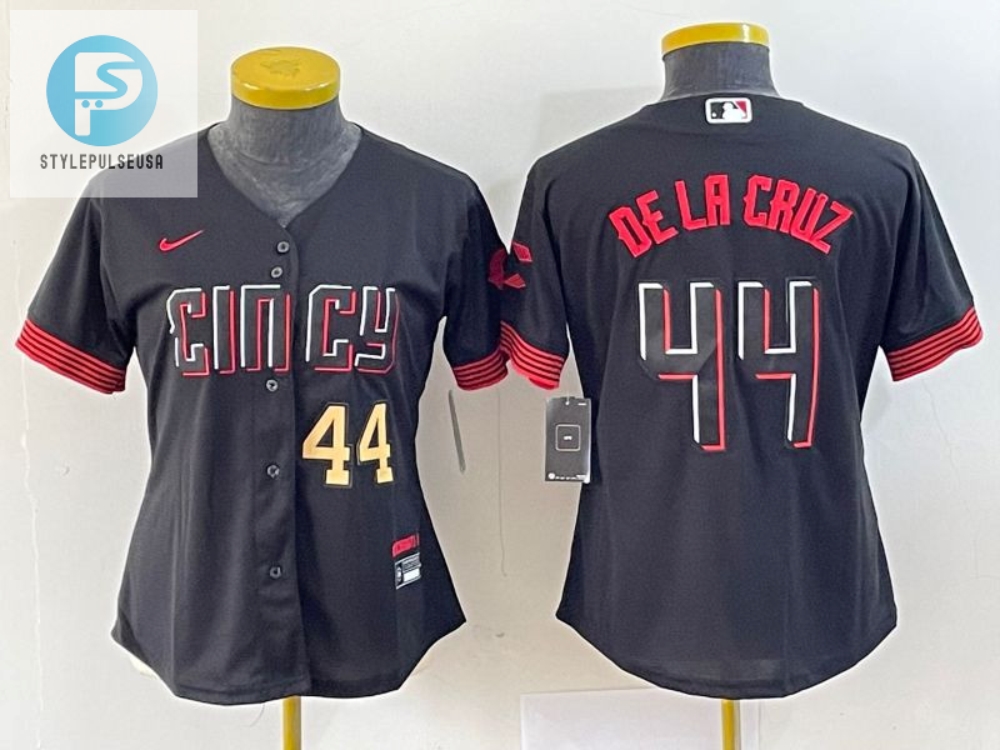 Women Cincinnati Reds 44 Gold Elly De La Cruz Jersey  Black Red 