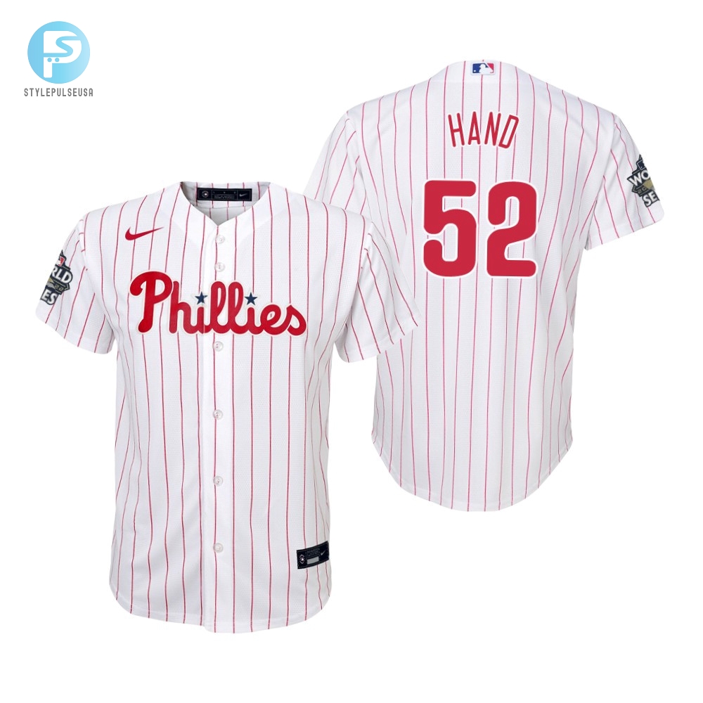 Youth Philadelphia Phillies Brad Hand 52 White 202223 World Series Jersey 